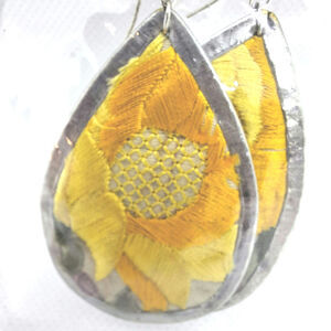 Yellow Flower Embroidered Teardrop Earring Silver Tone Fishhook Ear Wires